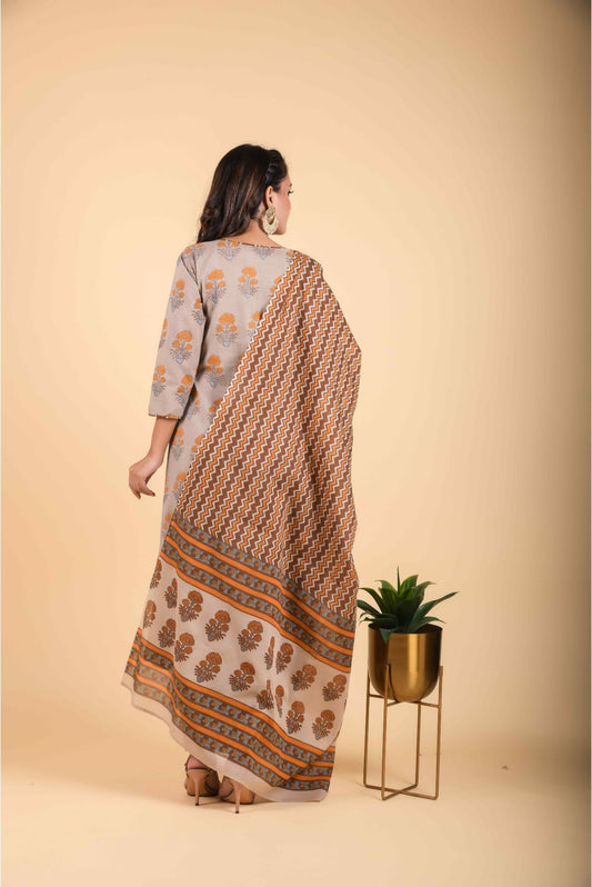 3 Piece Metal Grey And Chocolate Brown Designer Kurta With Printed Cambric Dupatta And Pants