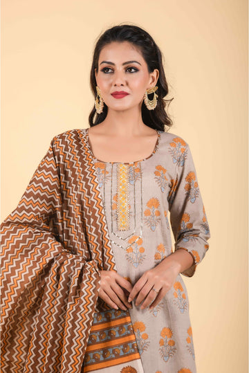 3 Piece Metal Grey And Chocolate Brown Designer Kurta With Printed Cambric Dupatta And Pants