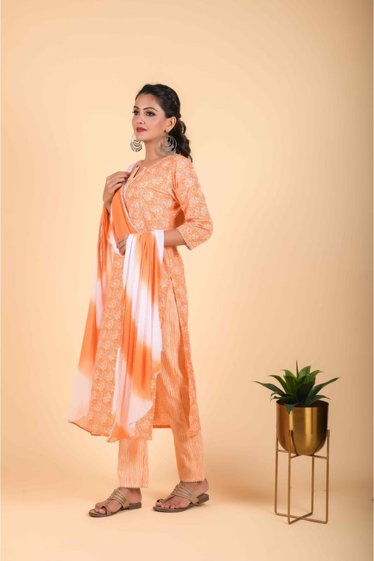 Classic 3 Piece Floral Orange Designer Kurta & Lining Pants Accompanied.