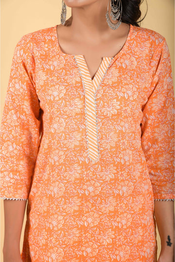 Classic 3 Piece Floral Orange Designer Kurta & Lining Pants Accompanied.
