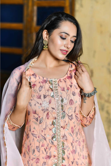 3 Piece Peach Floral Print And The Gota Detailing Designer Suit Set