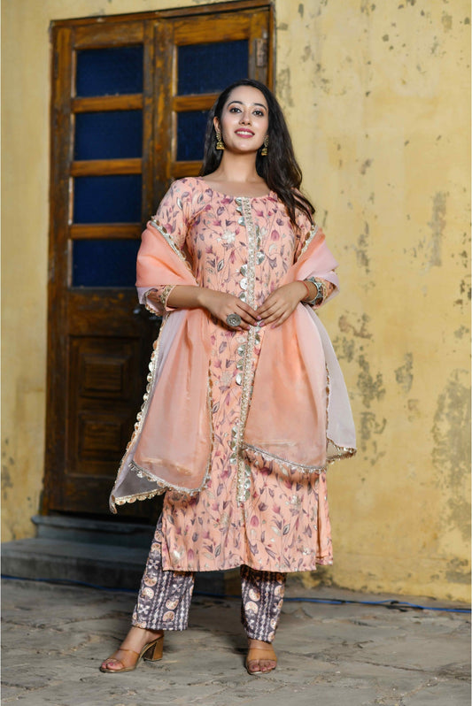 3 Piece Peach Floral Print And The Gota Detailing Designer Suit Set