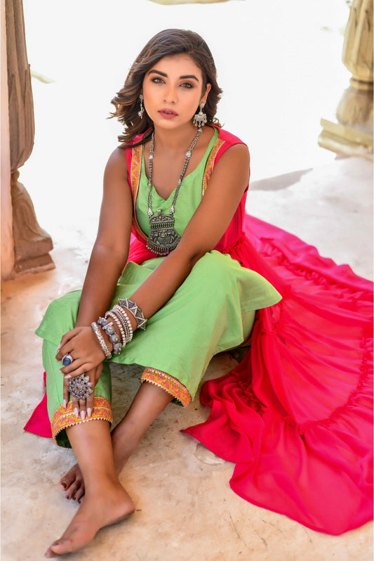 3 Piece Fuchsia & Leaf Green Georgette Jacket Dress