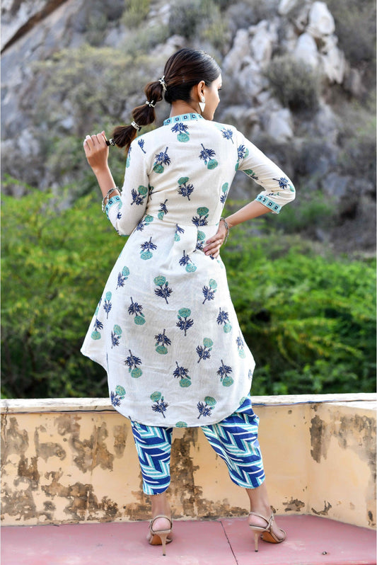 Snow White And Teal Blue Asymmetrical With Dhoti Designer Kurta Set