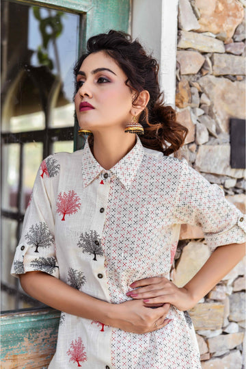 Cream White And Burgundy Red Half And Half Printed Asymmetric And Tulip S Designer Kurta Set