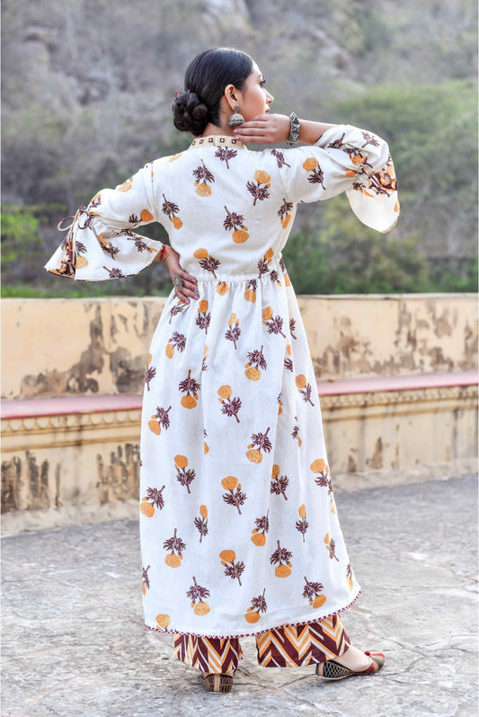 Off White And Chocolate Brown Empire Cut Flared And Designer Kurta Set.