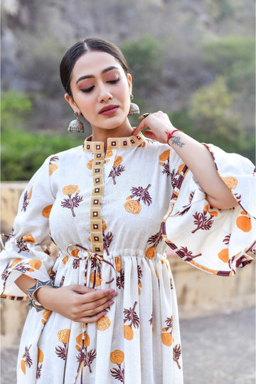 Off White And Chocolate Brown Empire Cut Flared And Designer Kurta Set.