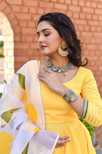 Mango Yellow Empire Cut Anarkali Set With Floral Organza Dupatta
