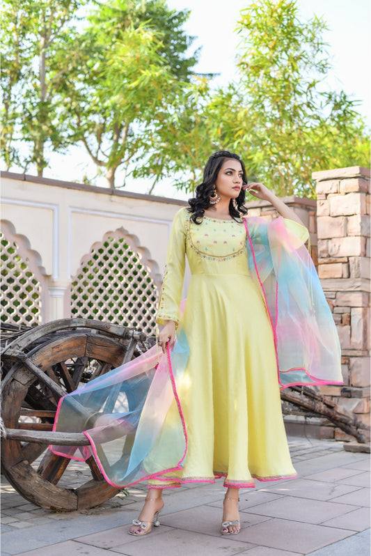Lemon Yellow sequin & Resham Embroidered Anarkali Set with Multi-Color Organza Dupatta