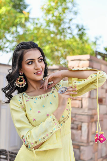 Lemon Yellow sequin & Resham Embroidered Anarkali Set with Multi-Color Organza Dupatta