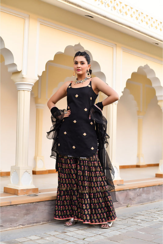 Black Designer Kurta With Printed Tier Designer Sharara & Ruffled Black Dupatta