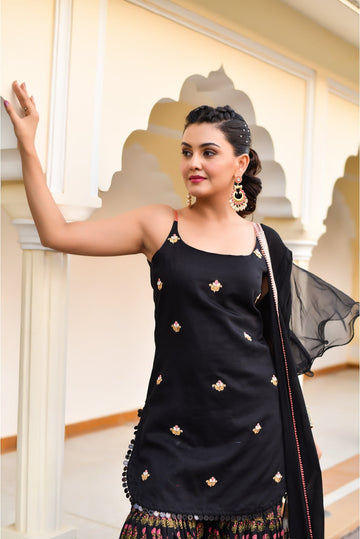 Black Designer Kurta With Printed Tier Designer Sharara & Ruffled Black Dupatta