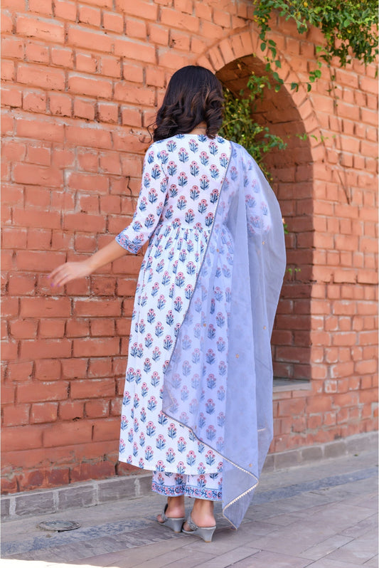 Star White & Ice Blue Alaia Cut Designer Suit Set With Organza Dupatta