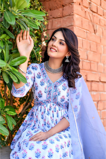 Star White & Ice Blue Alaia Cut Designer Suit Set With Organza Dupatta