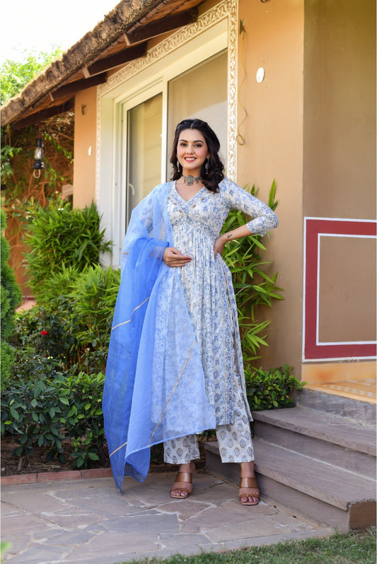 Powder Blue & Star White Alaia Cut Designer Suit Set With Organza Dupatta