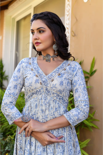 Powder Blue & Star White Alaia Cut Designer Suit Set With Organza Dupatta