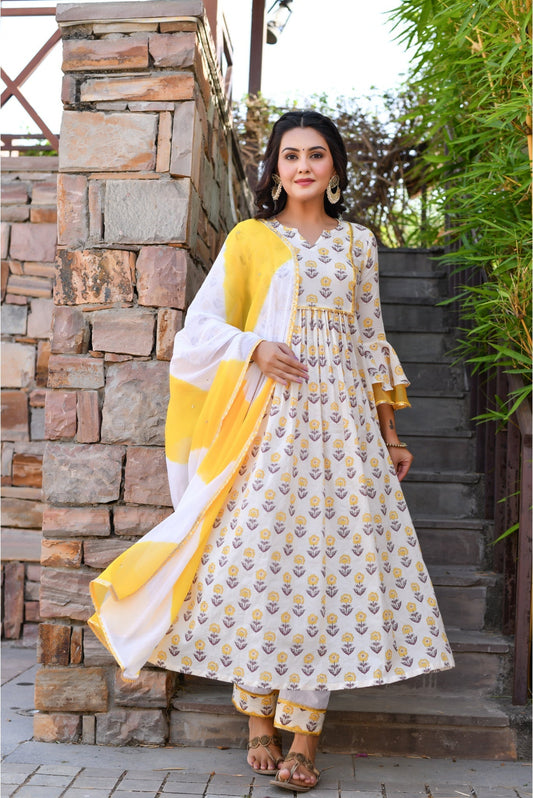 White & Yellow Bell Sleeves Designer Suit Set