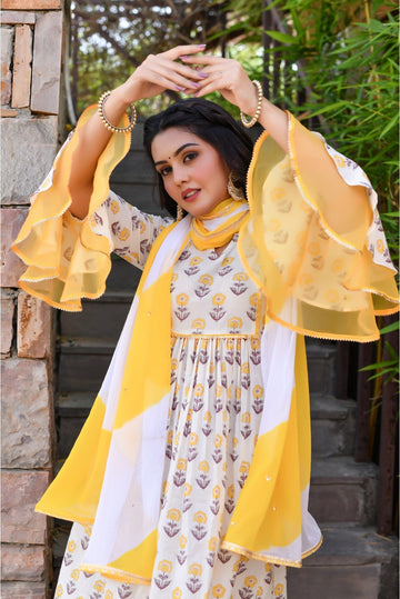 White & Yellow Bell Sleeves Designer Suit Set