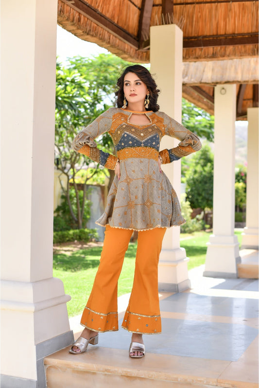 Grey & Mustard Peplum Designer Top & Pant Set