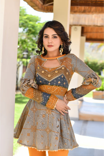 Grey & Mustard Peplum Designer Top & Pant Set
