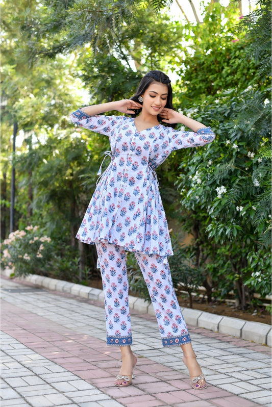 Star White And Powder Blue Handblock Co-Ord Set