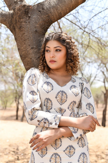 White & Grey Midi Ethnic Dress