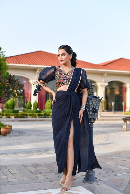 Blue Pre-Draped Saree Designer Gown