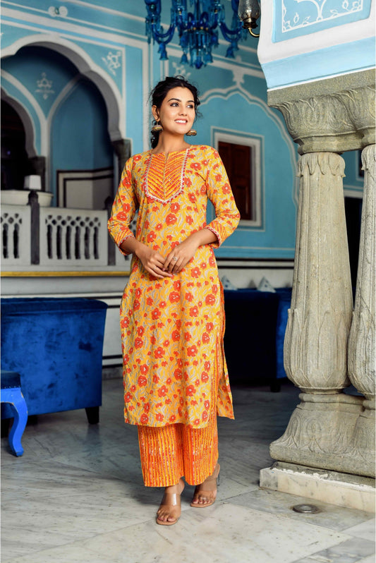 Honey Yellow And Carrot Orange Regular With Palazzo Designer Kurta Set