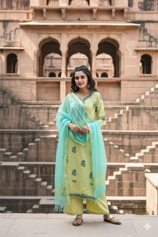 3 Piece Classic Caterpillar Green Designer Kurta & Pants Accompanied With Our Jade Blue Organza Dupatta