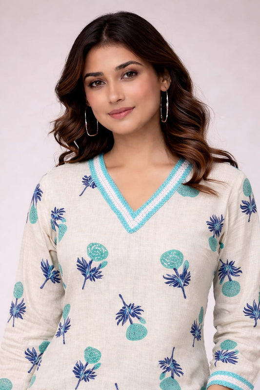 Off White Cotton Printed Kurti
