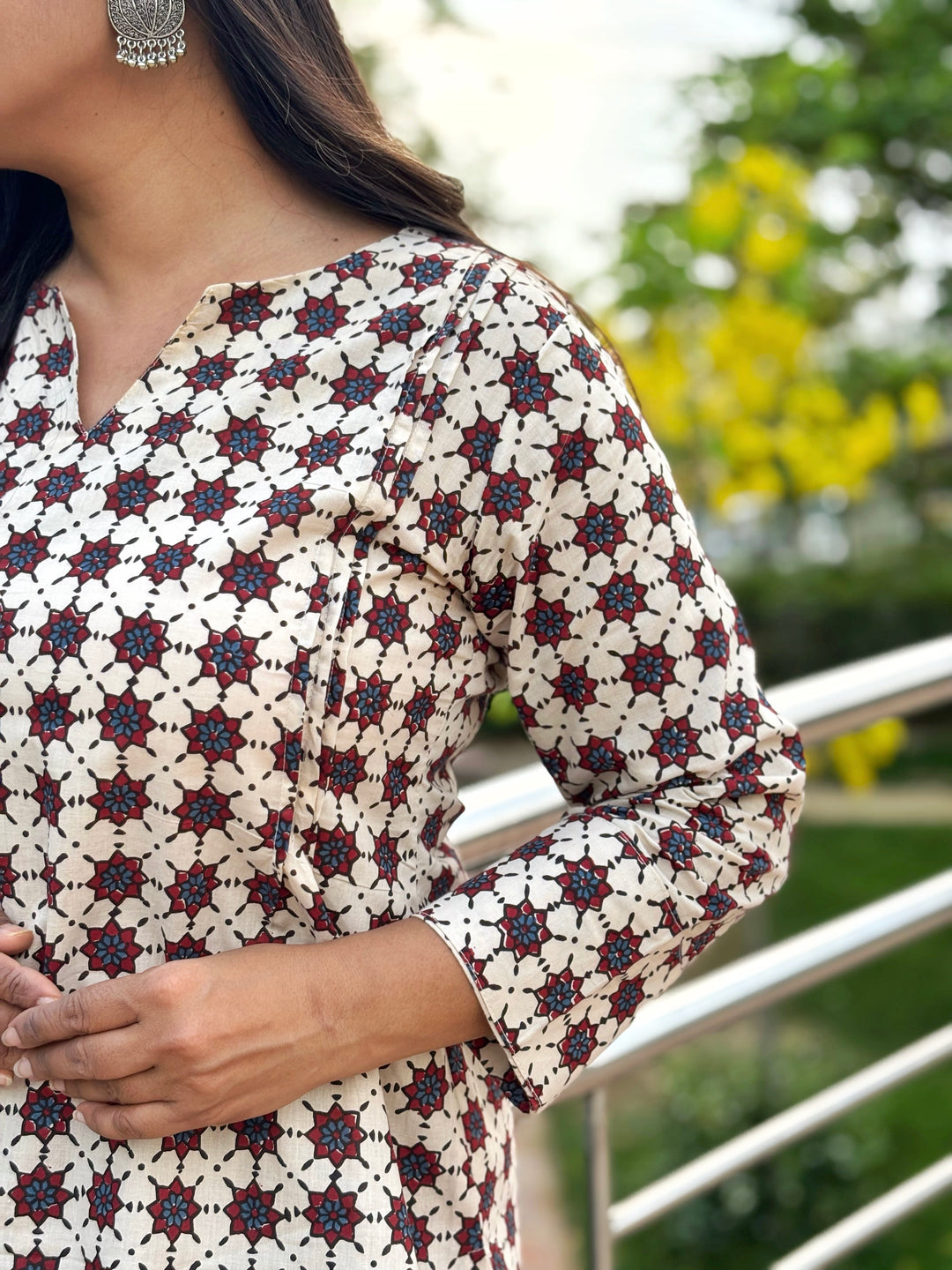 Beige & Maroon printed kurti