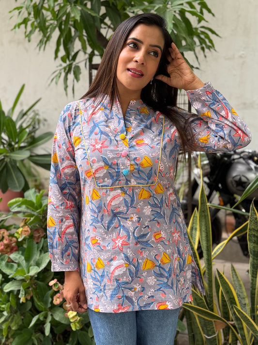 Grey Handblock Cotton Short Kurti