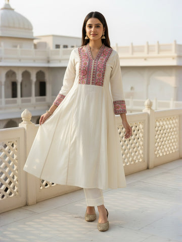Off White Cotton A-line Kurta Set