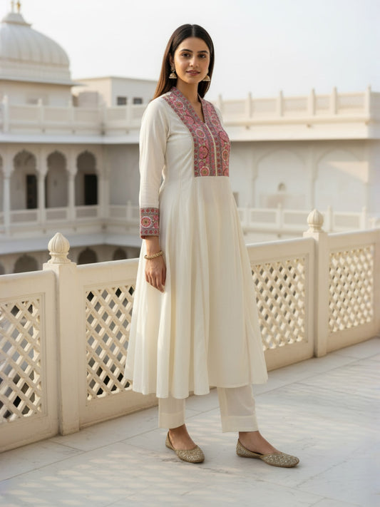 Off White Cotton A-line Kurta Set