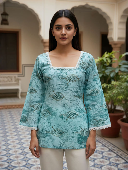Teal Cotton Short Kurti