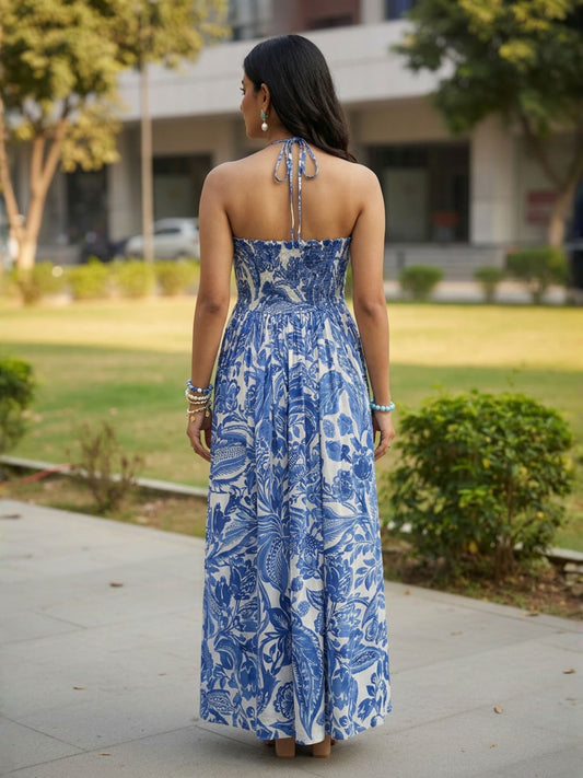 Blue & White Floral Printed Maxi Dress