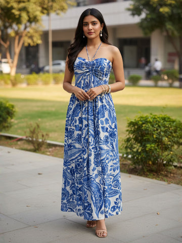 Blue & White Floral Printed Maxi Dress