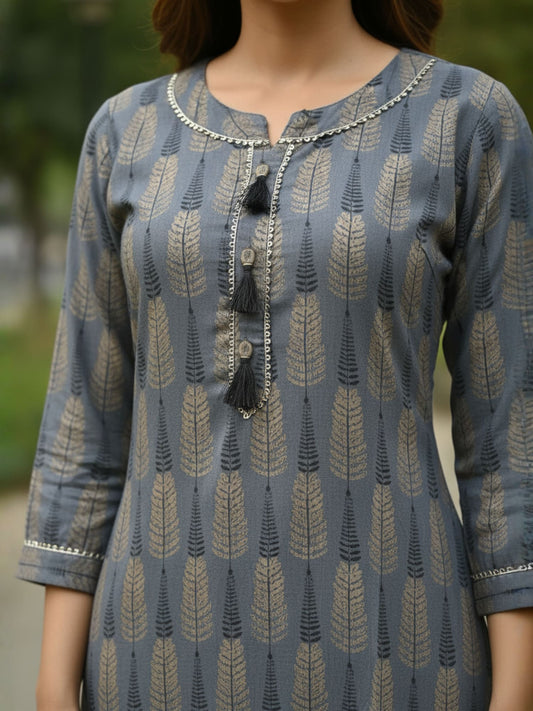 Printed Grey Rayon Kurti