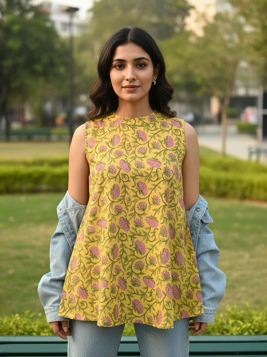 Yellow Floral Print Cotton Kurti with Back Slit