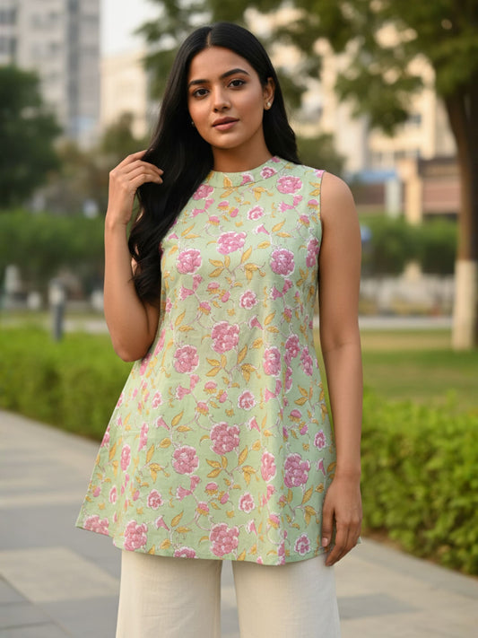 Mint Green Floral Cotton Kurti with Back Slit