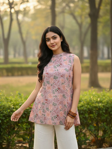 Dusty Pink Floral Cotton Kurti with Back Slit