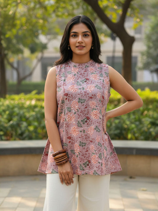 Dusty Pink Floral Cotton Kurti with Back Slit