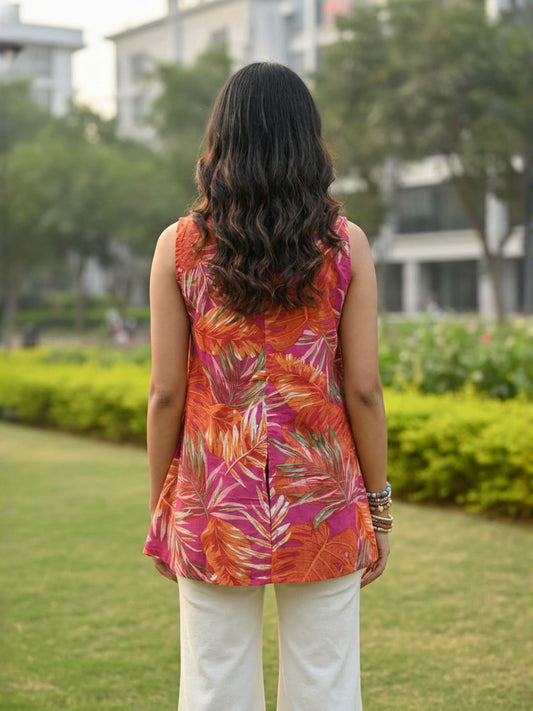 Tropical Leaf Print Cotton Kurti with Back Slit