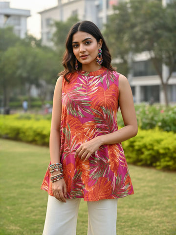 Tropical Leaf Print Cotton Kurti with Back Slit