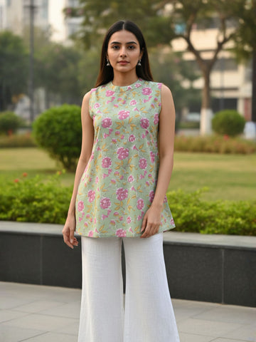 Mint Green Floral Cotton Kurti with Back Slit