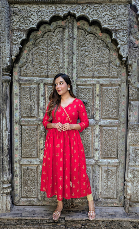 Red & Gold Foil Printed Flared Kurta