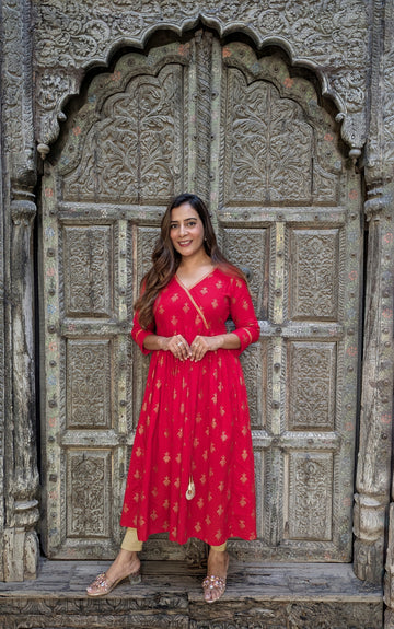 Red & Gold Foil Printed Flared Kurta