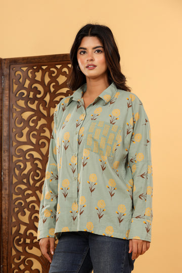 Olive Cotton Printed Shirt