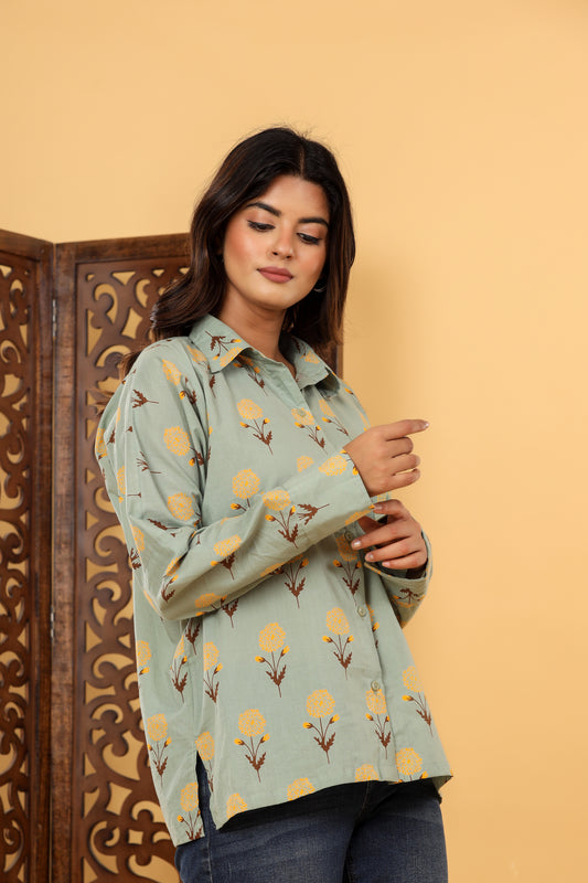 Olive Cotton Printed Shirt
