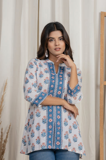 White Cotton Handblock Designer Kurta